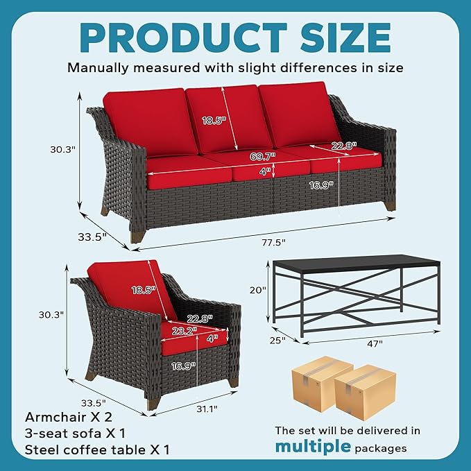 4 Pieces Outdoor Conversation Furniture Set - 77" Patio Sofa, 2 Wicker Armchairs, 1 Metal Coffee Table - Photo 2