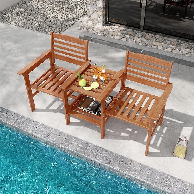 Tangkula Outdoor Patio Loveseat with Table, Wood 2-Seat Conversation Set with Coffee Table and Umbrella Hole - Photo 2