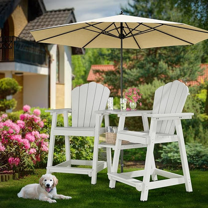 Tall Adirondack Chair Set of 2 with Double Connecting Tray, Recycled HDPE with Wood Grain, Weather Resistant, Outdoor Adirondack Chairs for Deck, Balcony, Patio, Backyard, White
