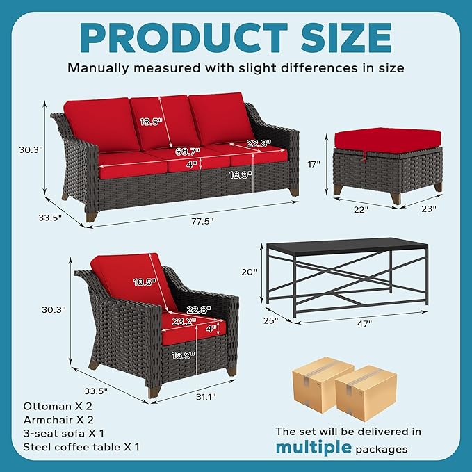 6 Pieces Outdoor Conversation Furniture Set - 77" Patio Sofa, 2 Armchairs, 2 Ottomans, 1 Metal Table - Photo 2