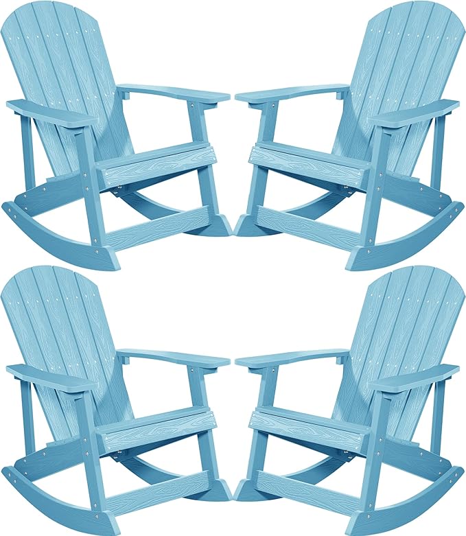 YEFU Outdoor Rocking Chair Set of 4,Adirondack Rocking Chair,Patio Rocker Chair with Wide Back,Oversized Rocker Chair Look Like Real Wood, for Lawn, Porch, Backyard, Indoor and Garden(Blue)
