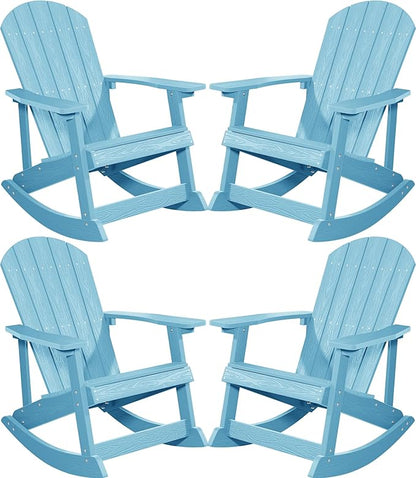 YEFU Outdoor Rocking Chair Set of 4,Adirondack Rocking Chair,Patio Rocker Chair with Wide Back,Oversized Rocker Chair Look Like Real Wood, for Lawn, Porch, Backyard, Indoor and Garden(Blue)