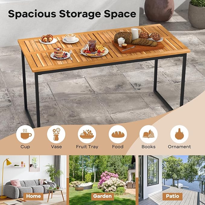 Tangkula 55 Inches Acacia Wood Patio Dining Table for 6, Rectangle Outdoor Table with Heavy Duty Metal Legs and Umbrella Hole, Outside Table for Backyard, Deck, Lawn, Poolside