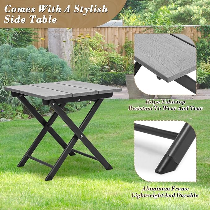Athena Collection Outdoor Chaise Lounge Set, Metal Frame Pool Lounge Chairs with Folding Side Table and Headrest Armrest, Breathable Sun Lounger for Poolside Backyard Patio Outdoor, Grey