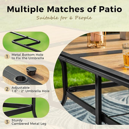 Outdoor Patio Dining Table for 6, 60" x 37" Rectangular Metal Patio Dining Table with Umbrella Hole and Faux Wood Tabletop, All Weather Wrought Iron Black Outdoor Table for Backyard and Porch