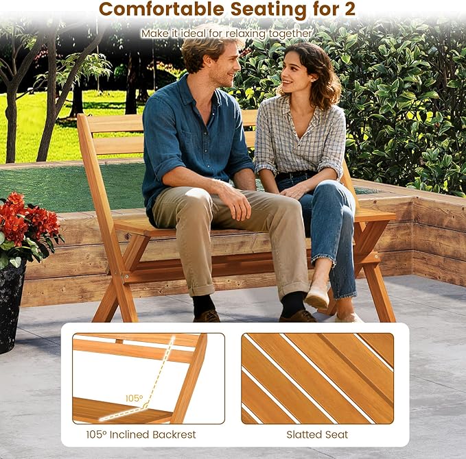 Tangkula Foldable Acacia Wood Outdoor Bench, 2-Person Patio Garden Bench with 800 lbs Capacity, Outside Loveseat Seating for Porch, Balcony, Yard & Park