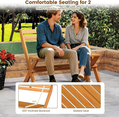 Tangkula Foldable Acacia Wood Outdoor Bench, 2-Person Patio Garden Bench with 800 lbs Capacity, Outside Loveseat Seating for Porch, Balcony, Yard & Park
