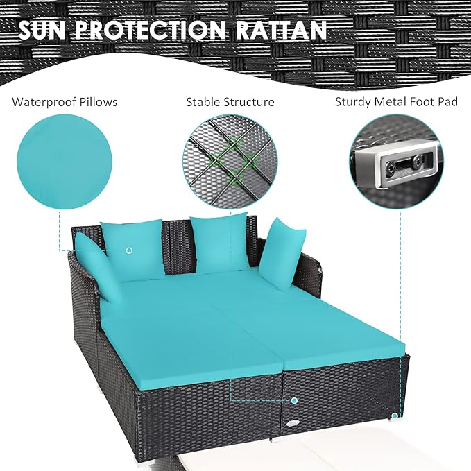 COSTWAY Outdoor Patio Rattan Daybed, Sponge Cushioned Loveseat Sofa with 4 Pillows, Wicker Furniture Sunbed for Balcony - Photo 7