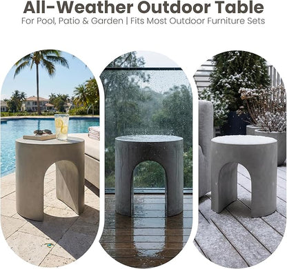 COSIEST Grey Outdoor Side Table, 15.7" Modern Concrete End Table with Arched Open for Patio, Small Round Outside Accent Table & Plant Stand for Garden, Porch, Deck, Balcony