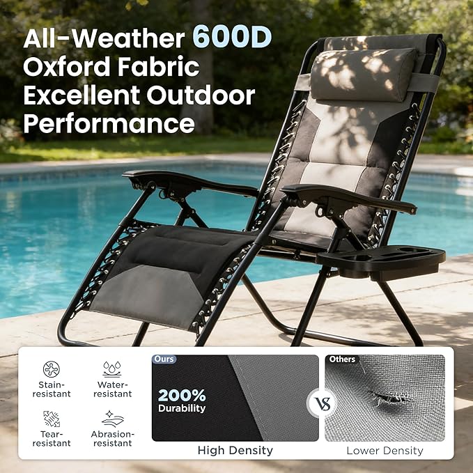 PHI VILLA Zero Gravity Chair Set of 2, Padded Anti Gravity Recliner, Oversized 28" Wide Seat, Foldable Patio Lounger with Armrest & Cup Holder, Supports 400 LBS (Grey)