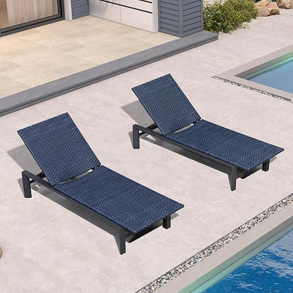 PURPLE LEAF Oversize Patio Wicker Chaise Lounge 2 Piece, Aluminum Outdoor Pool Lounge Chair with Adjustment Backrest, Breathable Lounger Sunbath Tanning Recliner for Poolside, Garden, Navy Blue