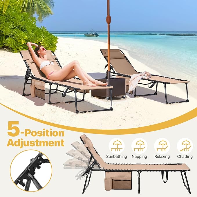 Yaheetech 22.4" Outdoor Folding Tanning Chair, Chaise Lounge Chairs with 5 Back Position Adjustable, Extended Portable Lounger for Beach, Patio, Beige