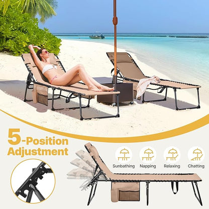 Yaheetech 22.4" Outdoor Folding Tanning Chair, Chaise Lounge Chairs with 5 Back Position Adjustable, Extended Portable Lounger for Beach, Patio, Beige