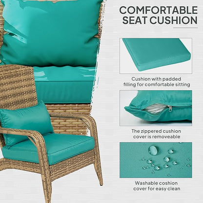 Outsunny Patio Wicker Adirondack Chair, Outdoor All-Weather Rattan Fire Pit Chair with Soft Cushions, Tall Curved Backrest and Comfortable Armrests for Deck or Garden, Sky Blue