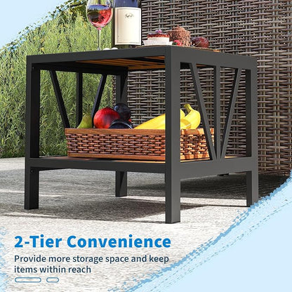 Tangkula Outdoor Side Table with 1.57” Umbrella Hole, 2-Tier Patio Metal End Table with Storage Shelf, Small Bistro Coffee Table for Porch, Balcony, Garden and Backyard (2)