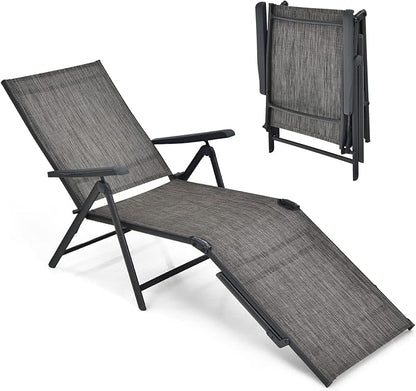 Giantex Patio Lounge Chair Foldable Chaise Lounger, Outdoor Sunbathing Chair W/ 5-Position Backrest, 2-Position Footrest, Steel Frame, Portable Recliner for Yard, Lawn Tanning Pool Chairs (1, Grey)