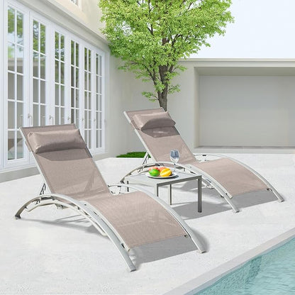 Domi Pool Lounge Chair Set of 3, Outdoor Chaise Lounge with Side Table, Adjustable Garden Aluminum Reclining Chair for Pool Beach Sunbathing Chair (Khaki)