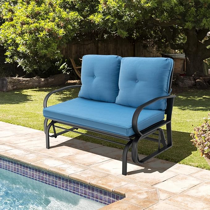 Giantex 2 Seats Glider Bench for Outside, Patio Glider Porch Loveseat w/Cushions & Powder Coated Steel Frame - Photo 3