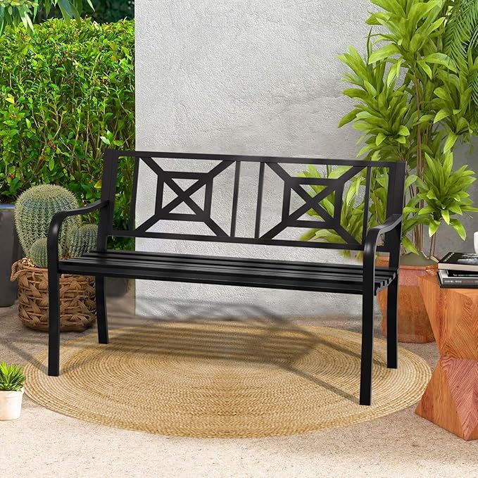 Outdoor Bench Garden Bench Patio Bench,Weatherproof Anti-Rust Metal Powder Coated Frame Park Bench,Metal Bench for Yard & Porch & Park (Geometric)
