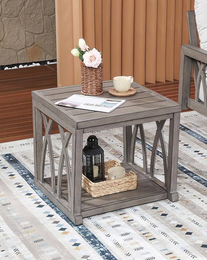 Aluminum Outdoor Side Table, 20.3" Square Patio End Table with Double-Layer Storage Design, Modern Waterproof Patio Side Tables with Adjustable Feet for Balcony, Deck, Porch, Limed Oak