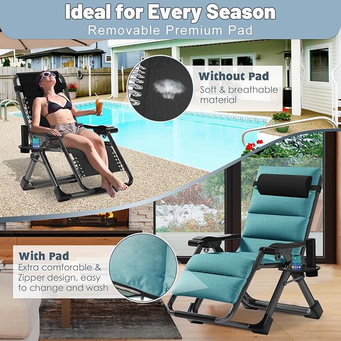 Slsy Zero Gravity Chair, Reclining Lounge Chair with Removable Cushion & Tray for Indoor and Outdoor - Photo 6