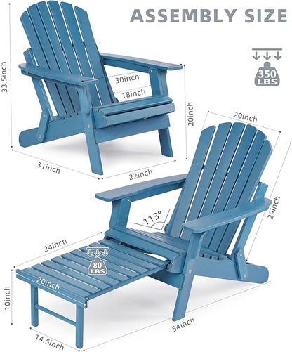 Oversized Wooden Folding Adirondack Chair with Ottoman, Pre-Assembled Backrest and Seat Board, Lounge Chair for Outdoor Patio Garden Lawn Backyard Firepit Deck Pool Beach