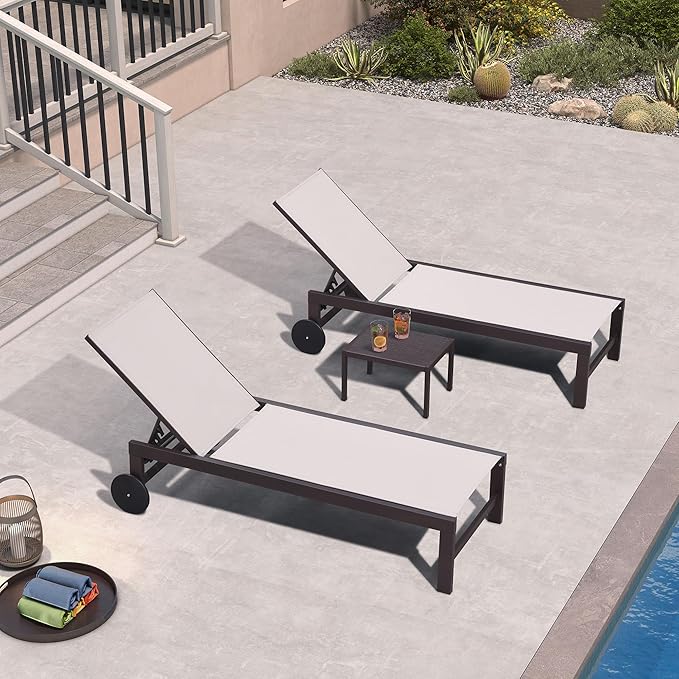 PURPLE LEAF Outdoor Chaise Lounge Chair Set of 2, Pool Lounge Chairs for Outside, Aluminum Patio Chaise Loungers with Adjustable Backrest and Wheels for Deck, Lawn, Garden, Linen