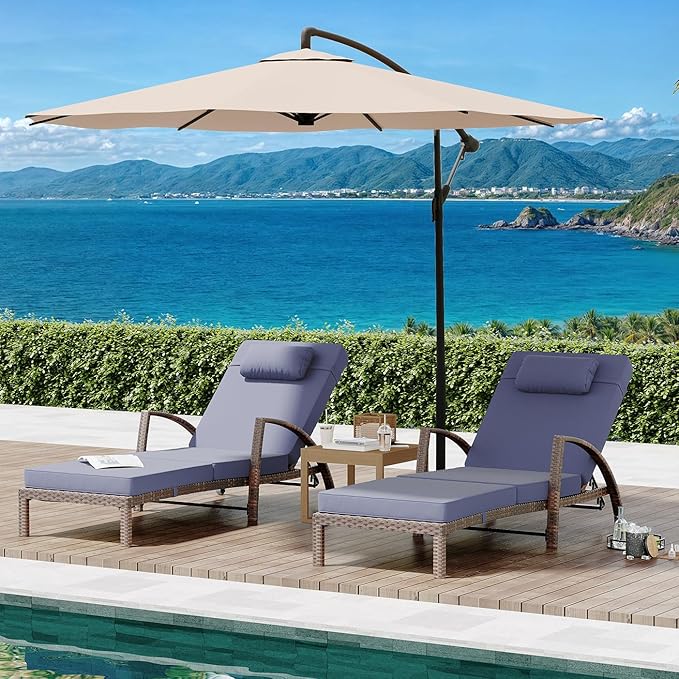 GarveeLife 2-Piece Rattan Patio Folding Chaise Lounge, 5-Position Adjustable Backrest Outdoor Lounge Chair with Cushion and Pillow for Poolside, Backyard, Deck, Porch, Blue