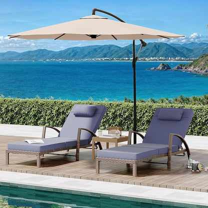 GarveeLife 2-Piece Rattan Patio Folding Chaise Lounge, 5-Position Adjustable Backrest Outdoor Lounge Chair with Cushion and Pillow for Poolside, Backyard, Deck, Porch, Blue