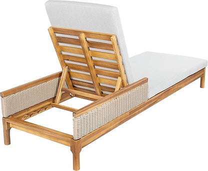 Christopher Knight Home Kanmy 76.8'' Acacia Wood Chaise Lounge Outdoor with Cushion, Patio Recliner Chair with 4-Position Adjustable Backrest, Sun Lounger with Wicker Accent, Light Grey + Natural