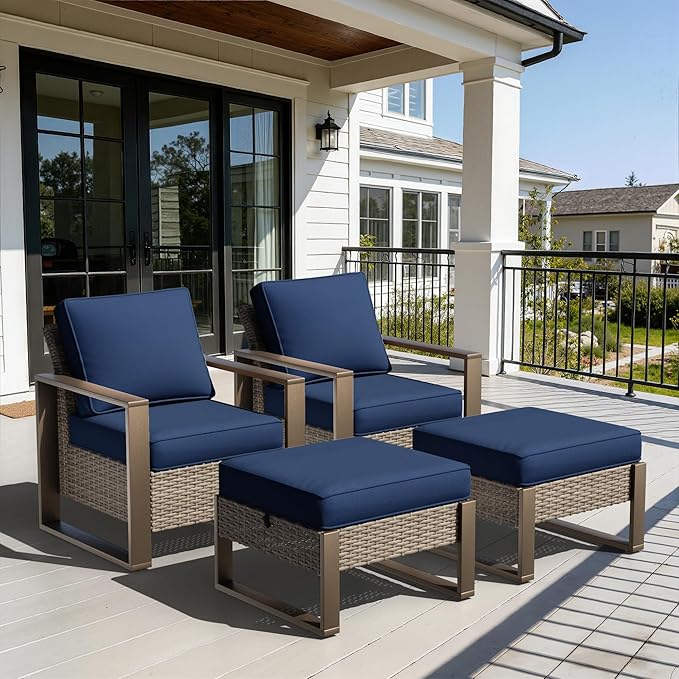 Outdoor Wicker Metal Chairs Set of 2 with Two Ottomans - 4 Pieces Patio Bistro Set with Rectangular Framed Wood-Looking - Photo 9