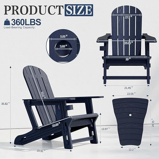 Vongrasig Adirondack Chairs Set of 2 with Removable Tabletop, All-Weather HDPE Outdoor Chair Set with Wooden Textured, Cup Holder for Patio, Poolside, Deck, Garden, Dark Blue