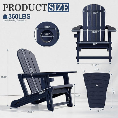Vongrasig Adirondack Chairs Set of 2 with Removable Tabletop, All-Weather HDPE Outdoor Chair Set with Wooden Textured, Cup Holder for Patio, Poolside, Deck, Garden, Dark Blue
