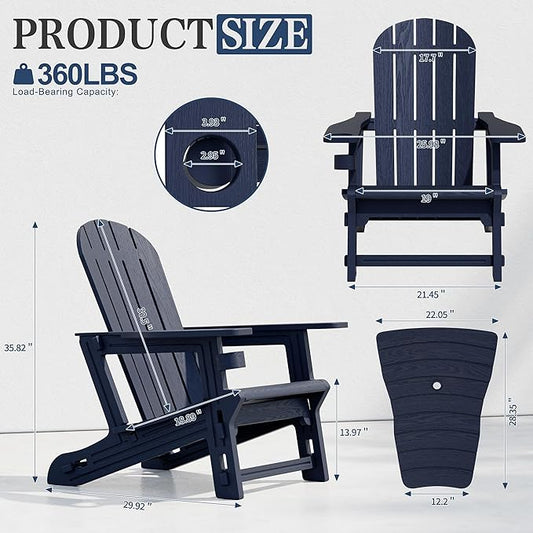 Vongrasig Adirondack Chairs Set of 2 with Removable Tabletop, All-Weather HDPE Outdoor Chair Set with Wooden Textured, Cup Holder for Patio, Poolside, Deck, Garden, Dark Blue