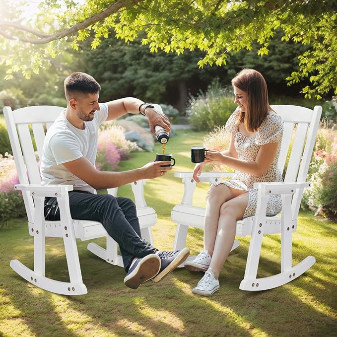 VINGLI Outdoor Rocking Chair, Heavy Duty 600 LBS Wooden Rocking Bench with Comfortable Backrest, Weatherproof Patio Rocker with Ergonomic Design, Wood Rocking Chair for Patio, Garden (White, 1PC)