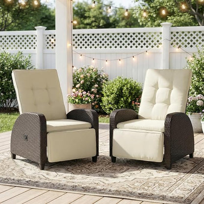Green4ever 2-Peices Outdoor Patio Recliner with Adjustable Backrest, All-Weather Wicker Patio Chair with Side Table, 160° Lay Flat Patio Reclining Lounge Chair for Garden Backyard, Beige