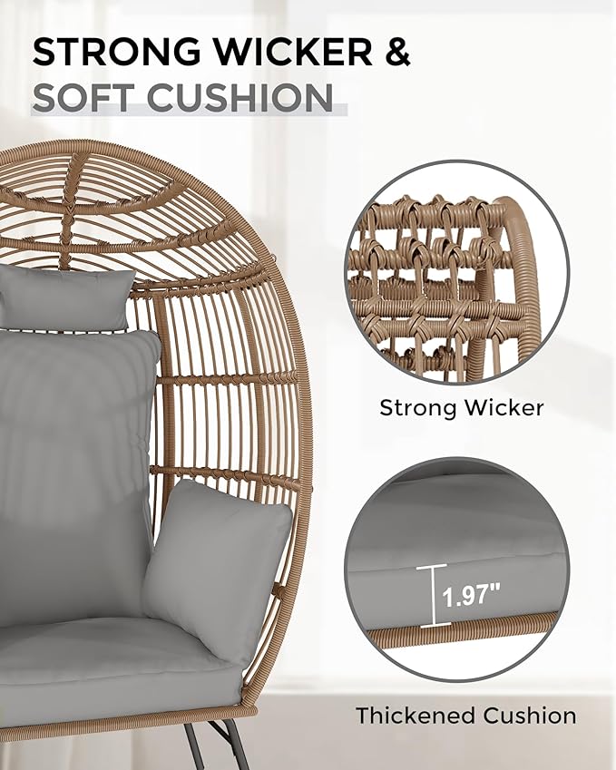 GarveeLife Oversize Wicker Egg Chair with Ottoman, Egg Shaped Lounge Chair with Thick Cushion, Comfy Egg Rattan Seat for Indoor Outdoor Patio Porch Backyard, Grey
