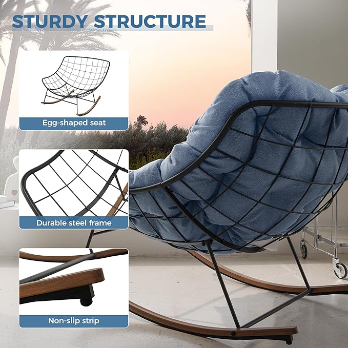 Grand patio Outdoor Rocking Chair, E-Coated Modern Cozy Lounge Rocker Chair with Cushion for Balcony Porch Patio, Light Blue