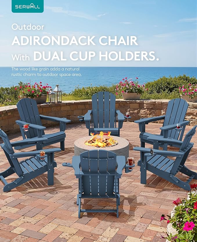 SERWALL Folding Adirondack Chair, Dual Cup Holders & All-Weather HDPE, Wood-Like Patio Chair-Navy