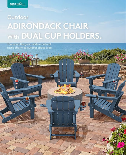 SERWALL Folding Adirondack Chair, Dual Cup Holders & All-Weather HDPE, Wood-Like Patio Chair-Navy