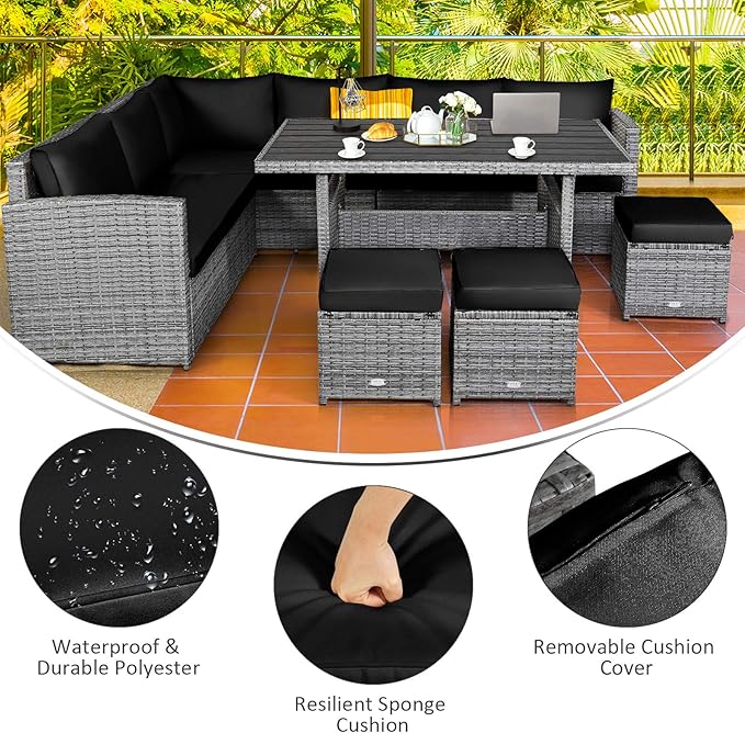 COSTWAY 7 PCS Wicker Outdoor Conversation Set, Patio Sectional Furniture Sofa Set with Table & Seat Cushions, Rattan Furniture Sets for Backyard Garden Poolside Porch, Black
