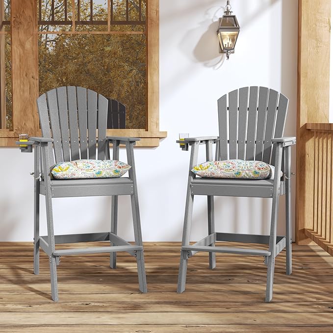Sundale Outdoor Adirondack Bar Stool, Patio HDPE Bar Chair with Backrest, 30 Inch Seat Height Tall Bistro Dining Counter Stool with Cushion, All-Weather Pub Height Chair, Gray