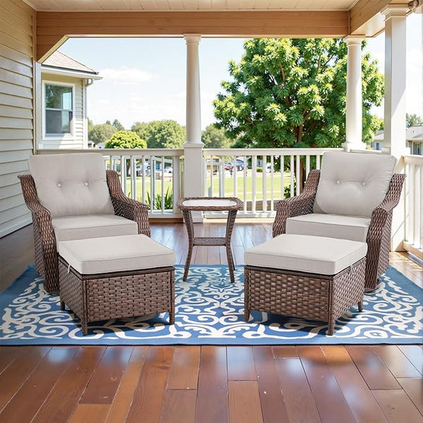 Belord 5 Piece Wicker Patio Furniture Set with Ottoman - High Back Outdoor Swivel Rocker Glider Chairs with Glass Top - Photo 1