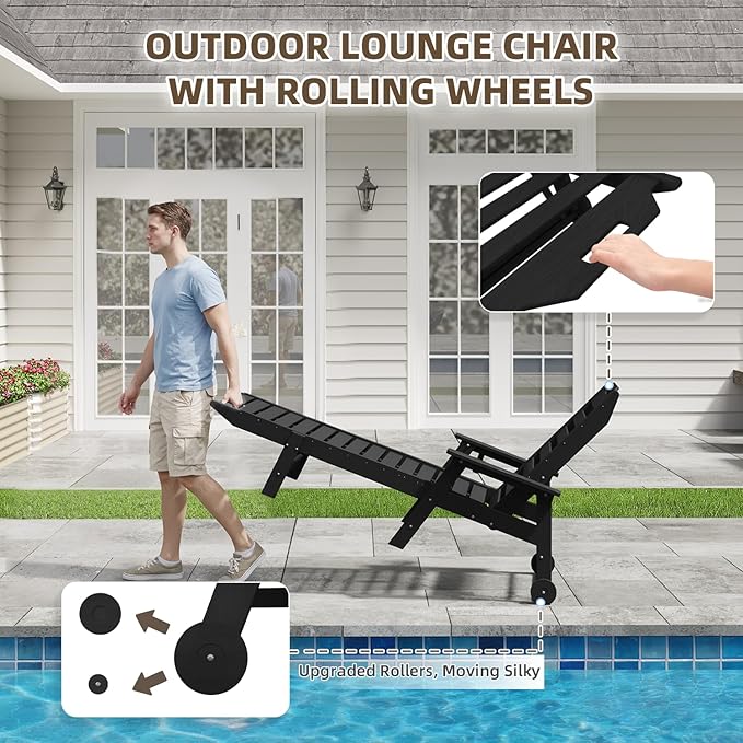 Mdeam 6-Position Lounge Chair Outdoor, 22" W Oversized Sun Tanning Chair, 500LBS Capacity, HDPE All-Weather Patio Lounge Chaise with Wheels Cup Holder for Pool Beach Backyard Lawn Deck, Black