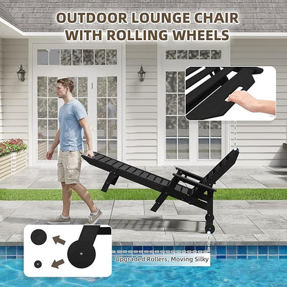 Mdeam 6-Position Lounge Chair Outdoor, 22" W Oversized Sun Tanning Chair, 500LBS Capacity, HDPE All-Weather Patio Lounge Chaise with Wheels Cup Holder for Pool Beach Backyard Lawn Deck, Black