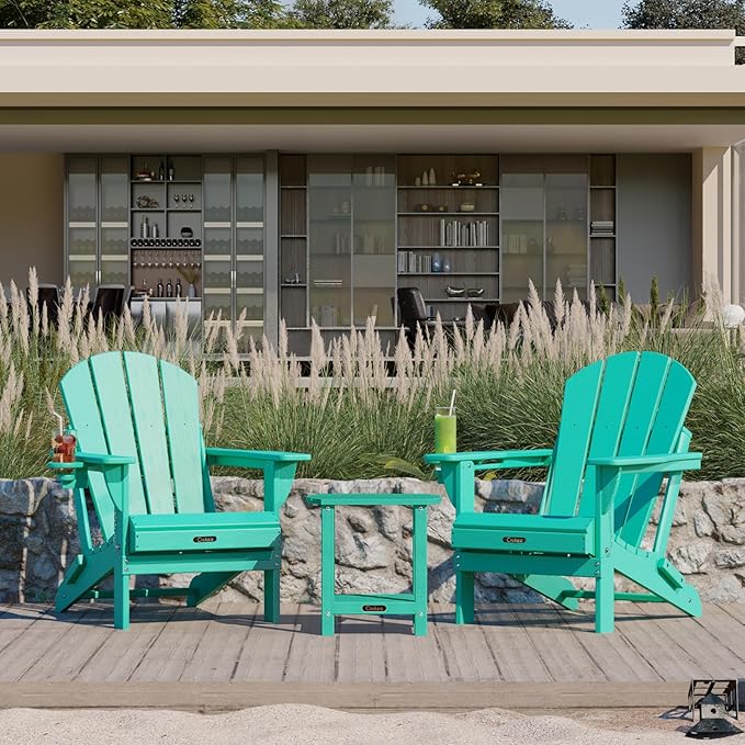 Ciokea Folding Adirondack Chair 2 Pack+ Adirondack Outdoor Side Table 1 Pack (Lake Blue)