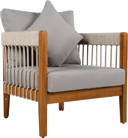Christopher Knight Home Vinny Acacia Wood Patio Accent Chair, Wooden Lounge Chair Outdoor, Garden/Poolside Comfy Reading Chair with Handwoven Rope Accents and Removable Cushions, Natural+Grey