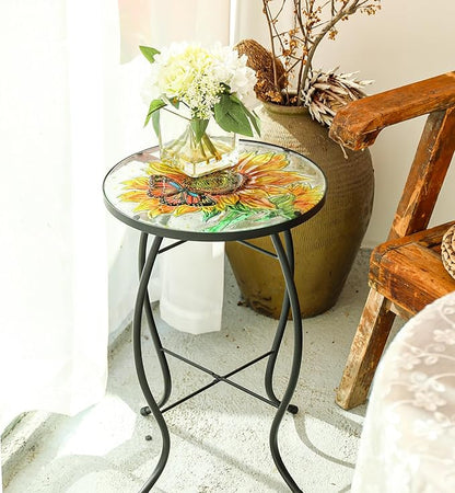 VCUTEKA Patio Side Table Outdoor Accent Table Bistro Coffee Table Plant End Table Small Porch Table Indoor Round Glass Balcony Plant Table Stands Sunflower 14''