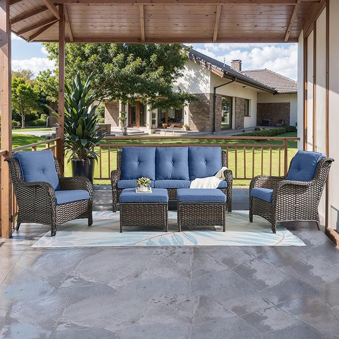 HUMMUH Outdoor Furniture 5 Pieces Patio Furniture Set Wicker Outdoor Sectional Sofa with 2 Patio Chairs,Ottomans