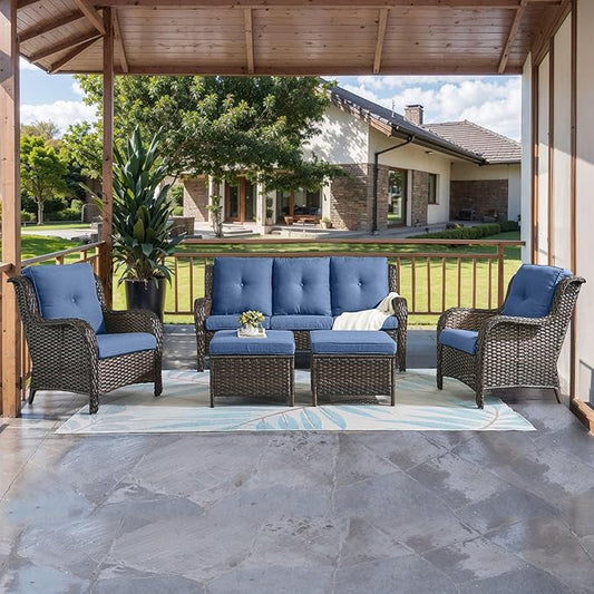 HUMMUH Outdoor Furniture 5 Pieces Patio Furniture Set Wicker Outdoor Sectional Sofa with 2 Patio Chairs,Ottomans